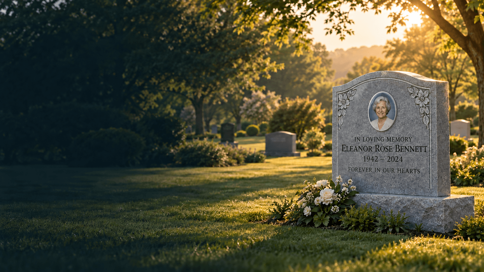 An upright granite headstone with a carved floral border and an oval portrait, standing on a sunlit cemetery lawn with white roses at its base.