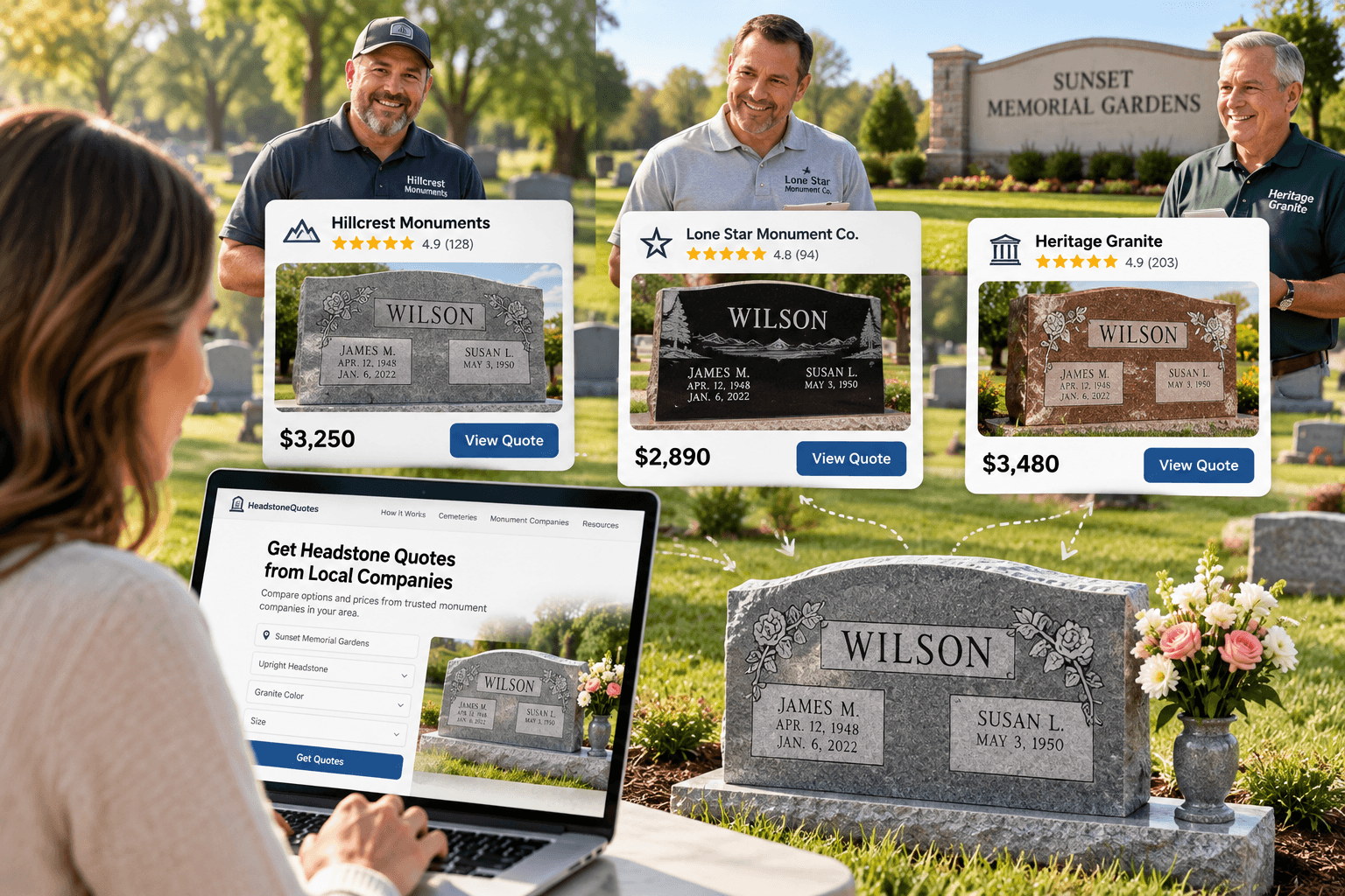 A family reviewing a written monument quote beside a granite headstone in a peaceful cemetery.